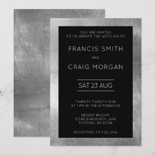 Convite Casamento Moderno de Black and Faux Silver Foil