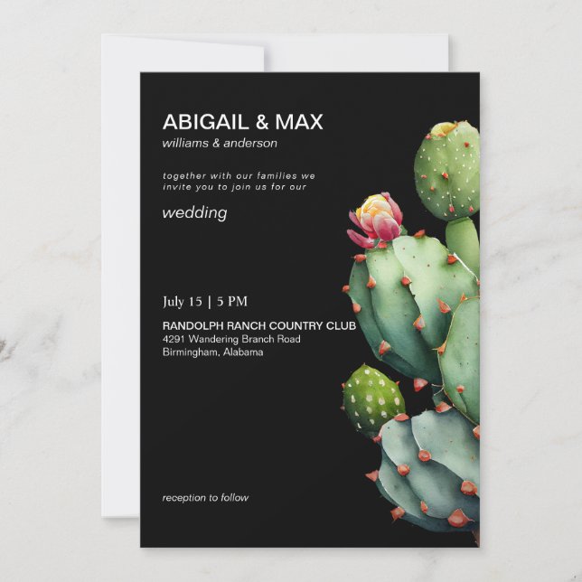 Convite Casamento Moderno de Cactus Tropical Preto (Frente)