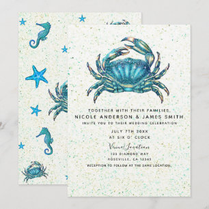 Convite Casamento Moderno de Caranguejo Azul de Praia Estr