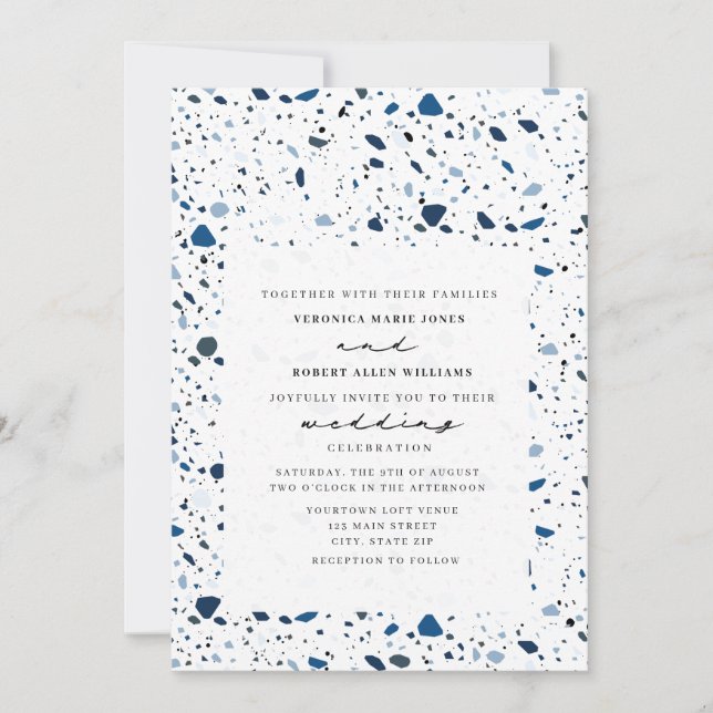 Convite Casamento Moderno de Cobalt Stone Terrazzo (Frente)