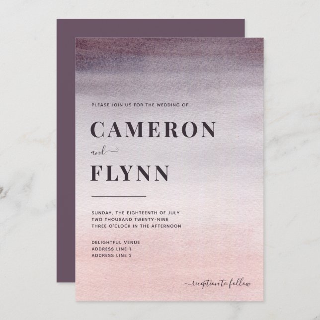 Convite Casamento Moderno de Cor de Água do Ombre Rosa Ele (Frente/Verso)
