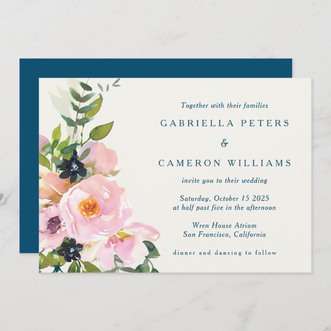 Convite Casamento Moderno de Cor de Água Floral Azul-Rosa  (Frente/Verso)