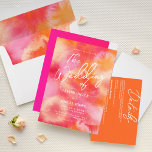 Convite Casamento moderno de cor rosa e aquarela laranja<br><div class="desc">Este convite para casamento moderno apresenta um elegante design cor-de-rosa e laranja com este vibrante esquema de cores de tendência de rosa quente e laranja. Um convite para casamento divertido no verão com um fundo de cor de água rosa e laranja quente com letras brancas.</div>