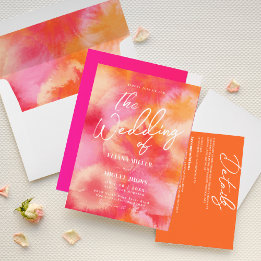 Convite Casamento moderno de cor rosa e aquarela laranja