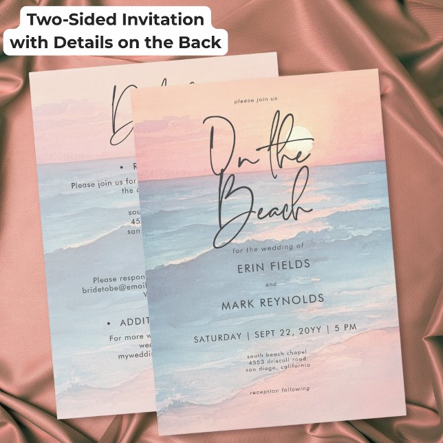 Convite Casamento Moderno de Duas Faces com Pôr do Sol no  (Modern Ocean Sunset On the Beach Two Sided Wedding Invitation)