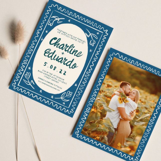 Convite Casamento Moderno de Escrita por Onda Azul (Criador carregado)