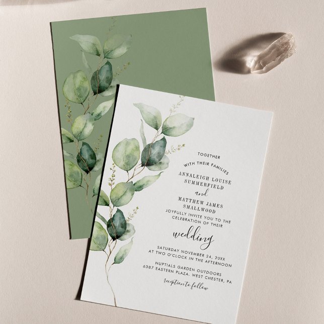 Convite Casamento Moderno de Eucalyptus Greenery Foliage (Eucalyptus Watercolor Script Wedding Invitation)