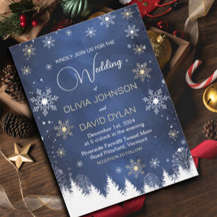 Convite Casamento Moderno de Floco de Neve de Inverno Azul