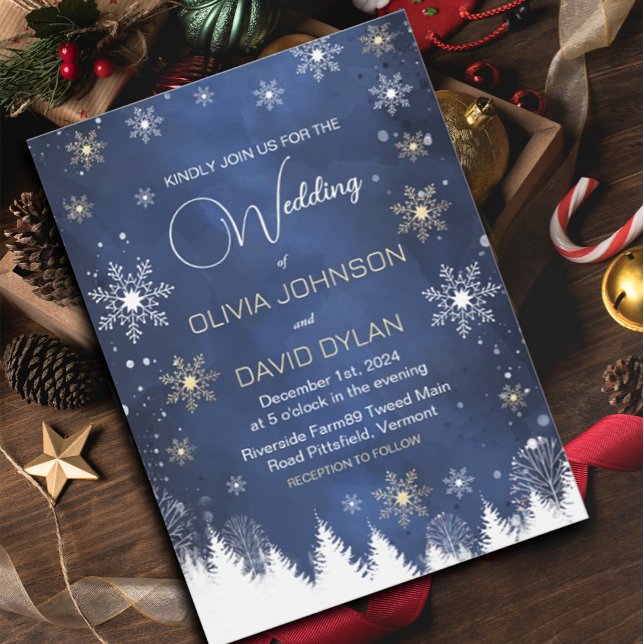 Convite Casamento Moderno de Floco de Neve de Inverno Azul (#zazzlemade #Modernsnowflake #snowflakesnavyblue #ChristmasInvitation #snowflake #snowholiday )