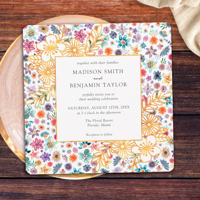 Convite Casamento Moderno de Flores Brancas de Ouro com Fl (Front)