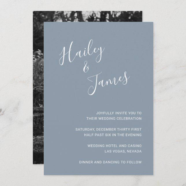 Convite Casamento Moderno de Foto Azul Elegante Dusty (Frente/Verso)