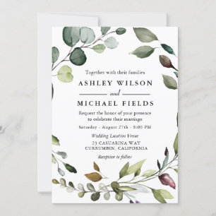 Convite Casamento Moderno de Greenery Leaf Wreath Watercol