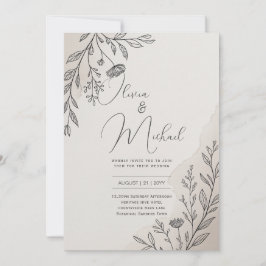 Convite Casamento Moderno de Linha de Arte Floral Minimali