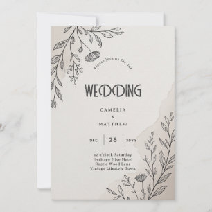 Convite Casamento Moderno de Linha de Arte Floral Minimali