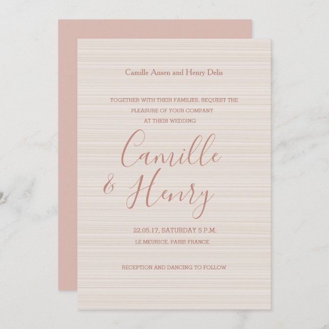 Convite Casamento moderno de listras de ouro e rosa de Ele (Frente/Verso)