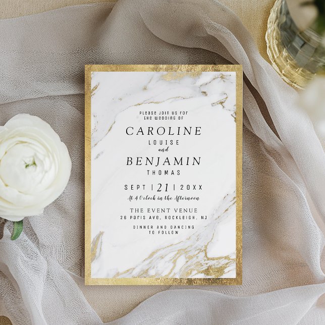 Convite Casamento moderno de luxo com folhas de ouro falsa (Faux gold foil marble luxury modern wedding invitation)