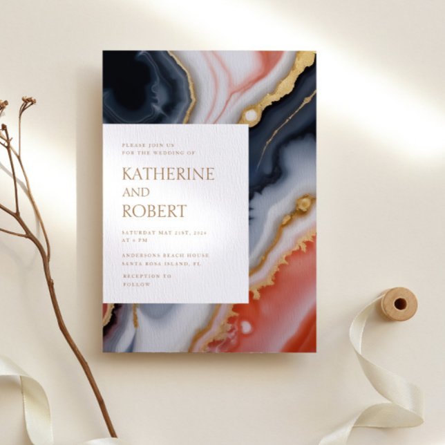 Convite Casamento Moderno De marinho Azul E Agato Laranja (Criador carregado)