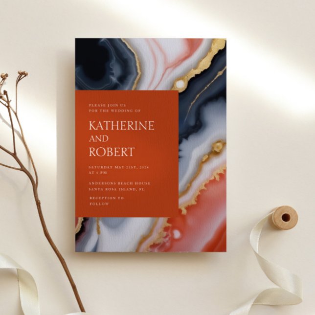 Convite Casamento Moderno De marinho Azul E Agato Laranja (Criador carregado)