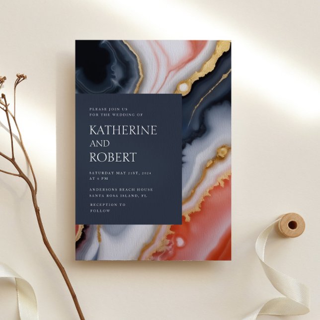 Convite Casamento Moderno De marinho Azul E Agato Laranja (Criador carregado)