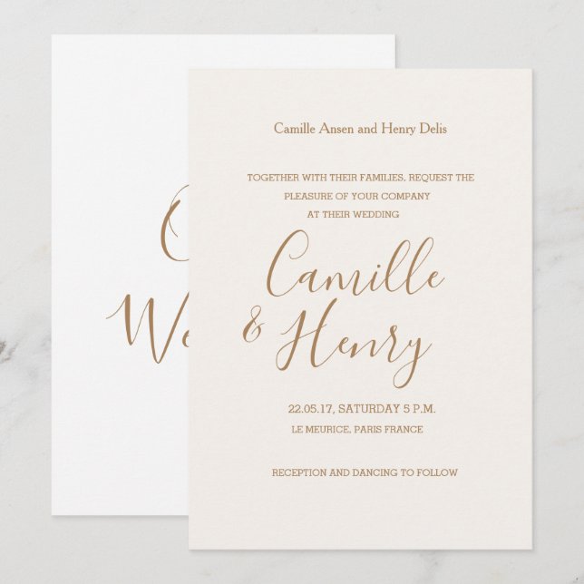 Convite Casamento moderno de ouro branco e champanhe do ti (Frente/Verso)