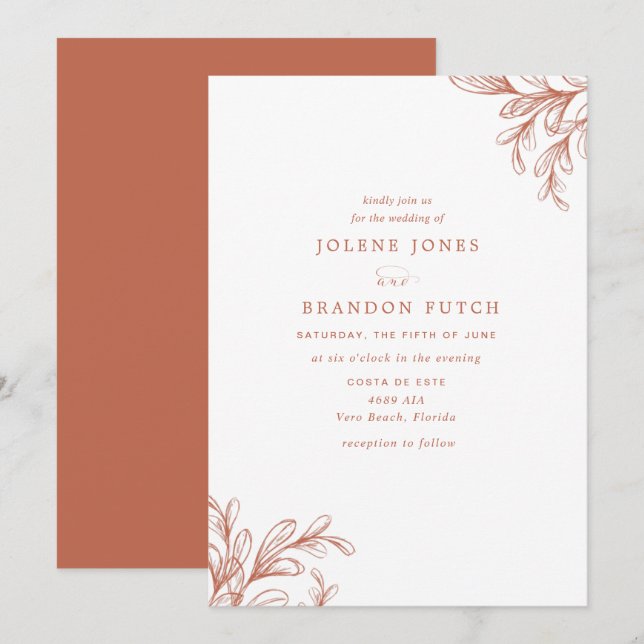 Convite Casamento Moderno de Outono em Laranja Queimada (Frente/Verso)