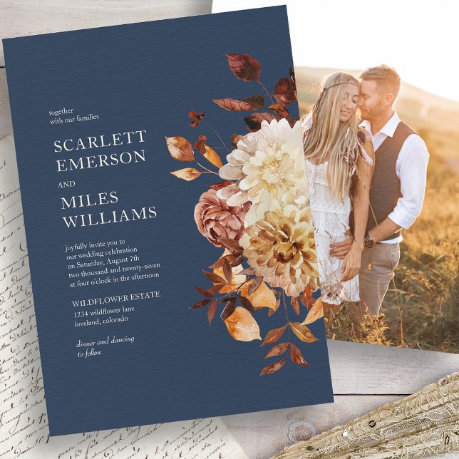 Convite Casamento Moderno de Outono Marinho (Navy Blue Fall Modern Navy Wedding Invitation
)