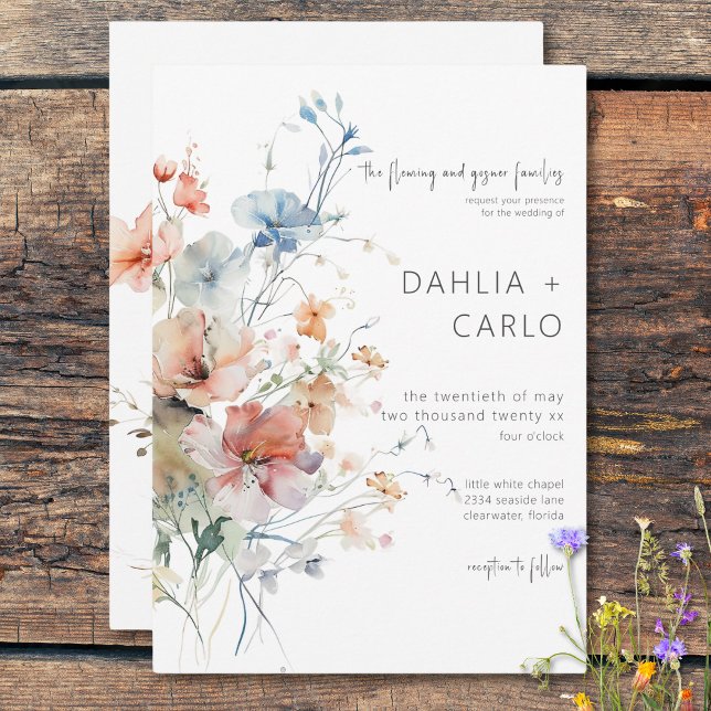 Convite Casamento Moderno de Pastel Loose Wildflower (Pastel Loose Wildflowers Modern Wedding Invitation)