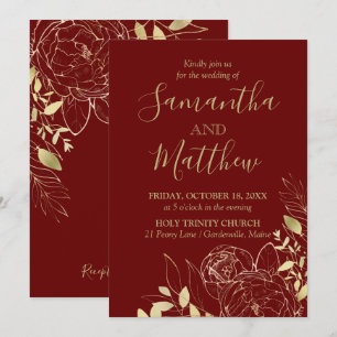 Convite Casamento Moderno de Peony Dourada e Borgonha Verm