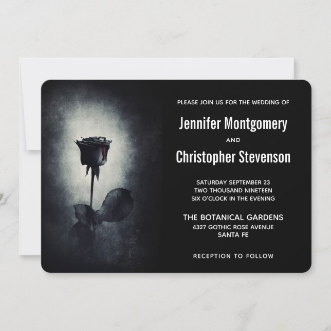 Convite Casamento Moderno de Rosa Negra com Pétalas Pingan (Frente)