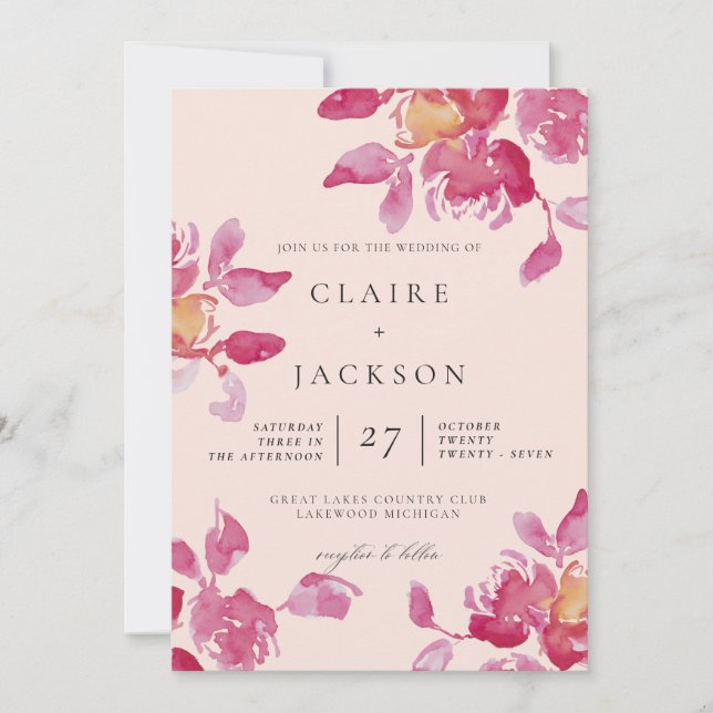 Convite Casamento Moderno de Rosa Watercolor (Frente)