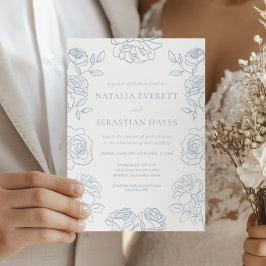 Convite Casamento Moderno de Rosas Francesas Azuis e Branc