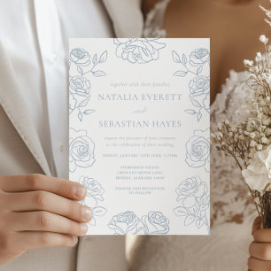 Convite Casamento Moderno de Rosas Francesas Azuis e Branc