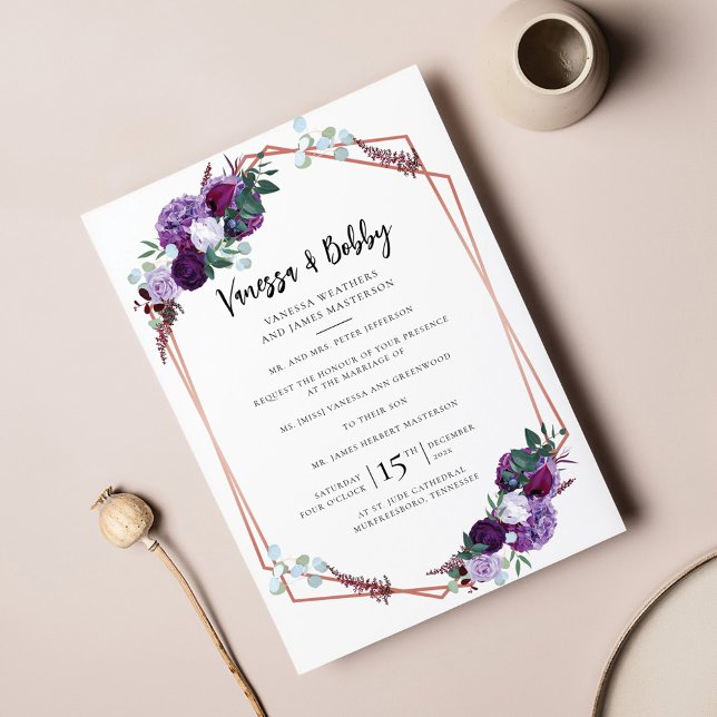 Convite Casamento Moderno de Script Floral Roxo (Purple Floral Geometric Wedding Invitation)