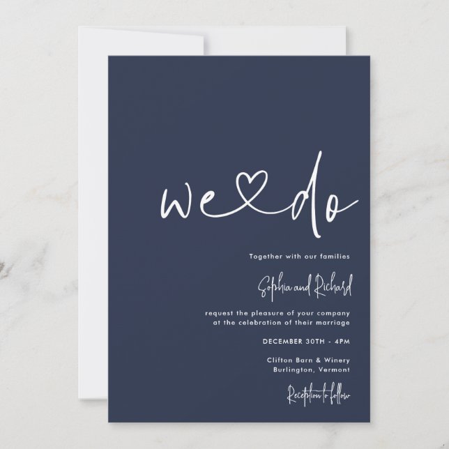 Convite Casamento Moderno de Script Minimalista Azul-marin (Frente)