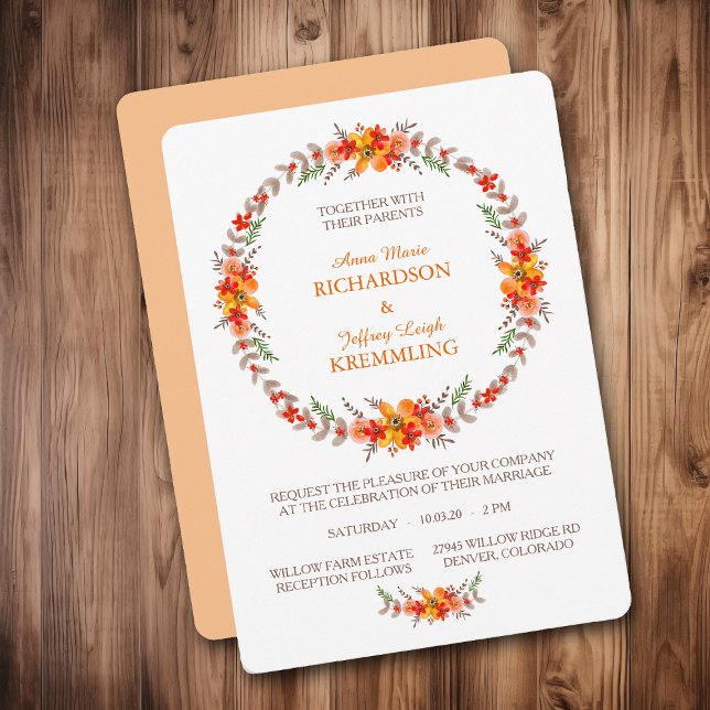 Convite Casamento Moderno de Tangerine Boho Floral Wreath (Criador carregado)