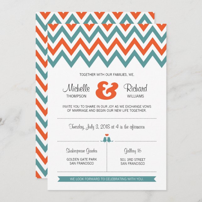Convite Casamento Moderno de Teal & Orange Chevron & Loveb (Frente/Verso)
