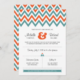 Convite Casamento Moderno de Teal & Orange Chevron & Loveb