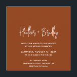 Convite Casamento Moderno de Terracotta Minimalista<br><div class="desc">Um convite para casamento de boho quadrado moderno, com um simples design com seus nomes em uma tipografia de script elegante e seus detalhes de evento em uma fonte de sans serif minimalista. Todos os elementos de design estão em branco sobre um fundo de terracota/cobre. Este convite de casamento chic...</div>