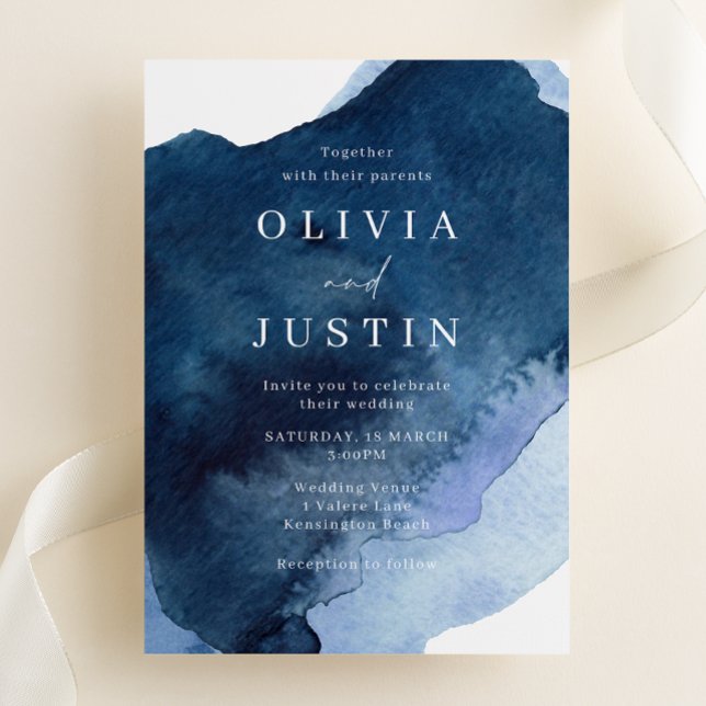 Convite Casamento Moderno de Watercolor Blue (Criador carregado)