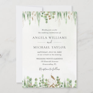 Convite Casamento Moderno de Watercolor Eucalyptus Greener
