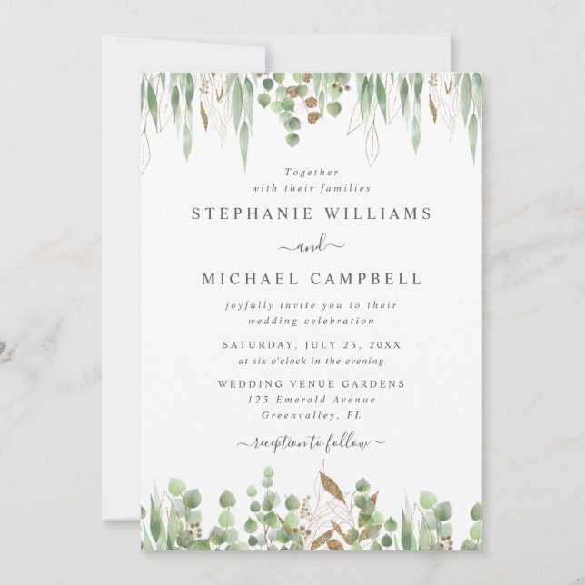 Convite Casamento Moderno de Watercolor Eucalyptus Greener (Frente)