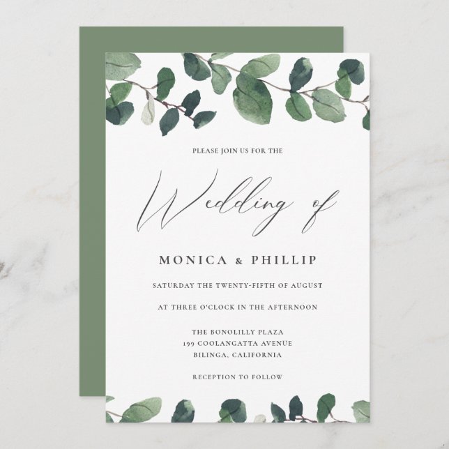 Convite Casamento Moderno de Watercolor Eucalyptus Greener (Frente/Verso)