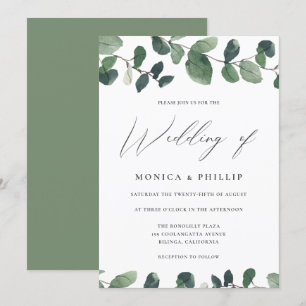 Convite Casamento Moderno de Watercolor Eucalyptus Greener