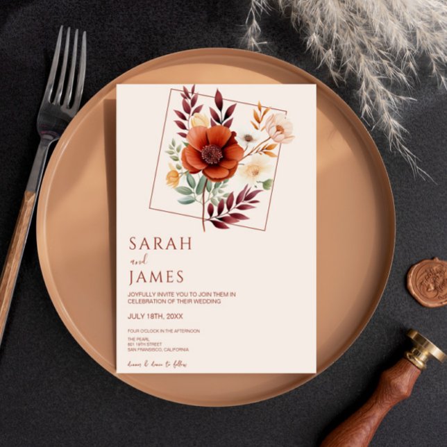 Convite Casamento Moderno de Watercolor Terracotta Wildflo (Criador carregado)