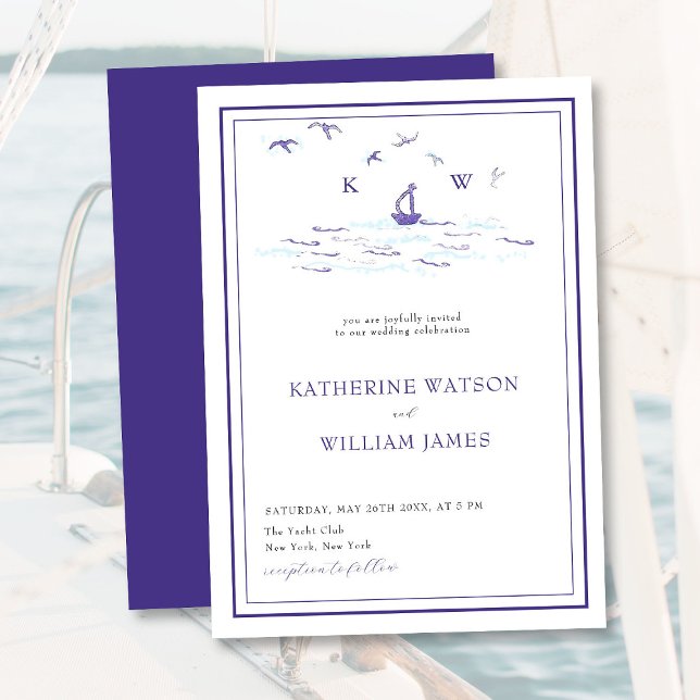 Convite Casamento Moderno de Yacht Waves Frame-boat mínimo (Criador carregado)