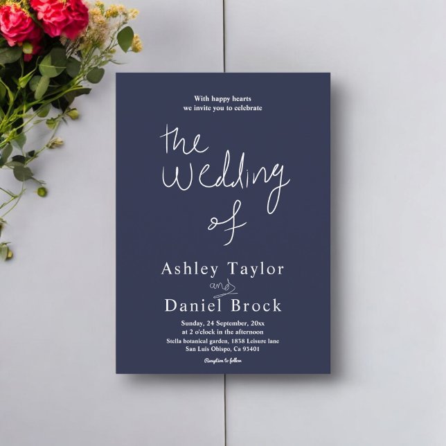 Convite Casamento Moderno Delicado Branco Azul de Marinho  (Criador carregado)