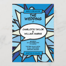 Convite Casamento Moderno Divertido Designer Azul Quadrinh