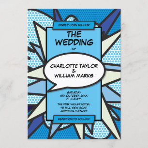 Convite Casamento Moderno Divertido Designer Azul Quadrinh