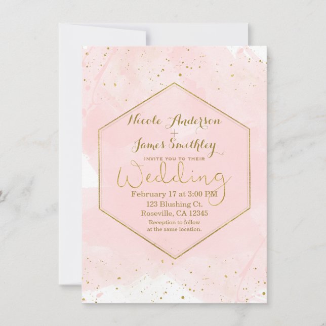 Convite Casamento Moderno do Blush Pink e Dourado Splatter (Frente)