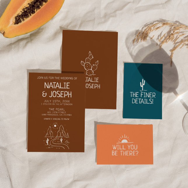 Convite Casamento Moderno do Deserto Deserto Retro Ocident (Criador carregado)
